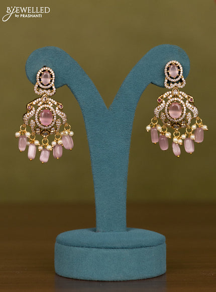 Necklace double layer with baby pink & cz stones and beads hangings in victorian finish