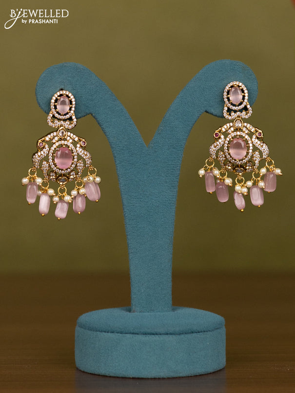Necklace double layer with baby pink & cz stones and beads hangings in victorian finish
