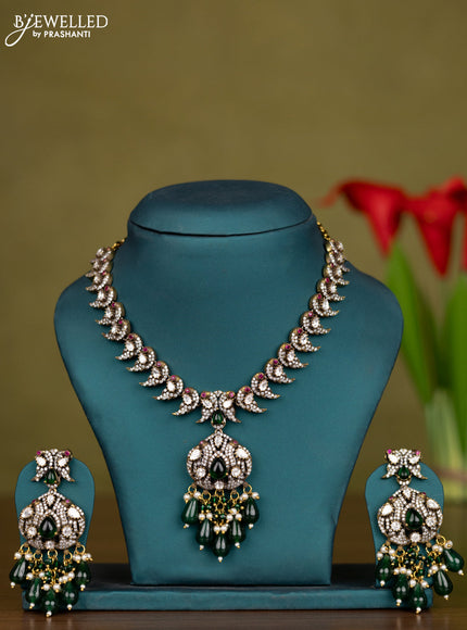 Necklace parrot design with kemp & kundan cz stones and green beads hangings in victorian finish