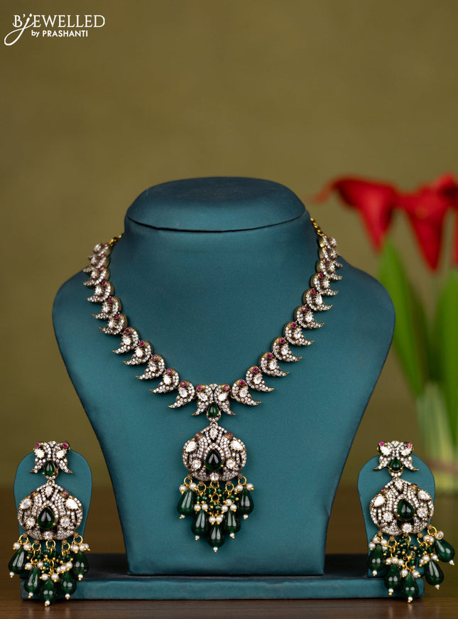 Necklace parrot design with kemp & kundan cz stones and green beads hangings in victorian finish