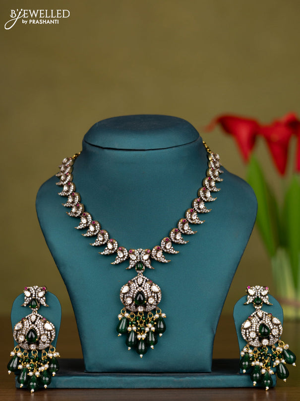 Necklace parrot design with kemp & kundan cz stones and green beads hangings in victorian finish