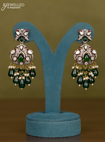 Necklace parrot design with kemp & kundan cz stones and green beads hangings in victorian finish