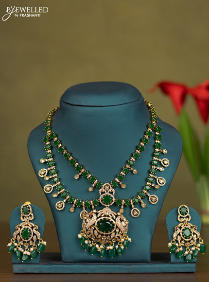 Necklace double layer with emerald & cz stones and green beads hangings in victorian finish