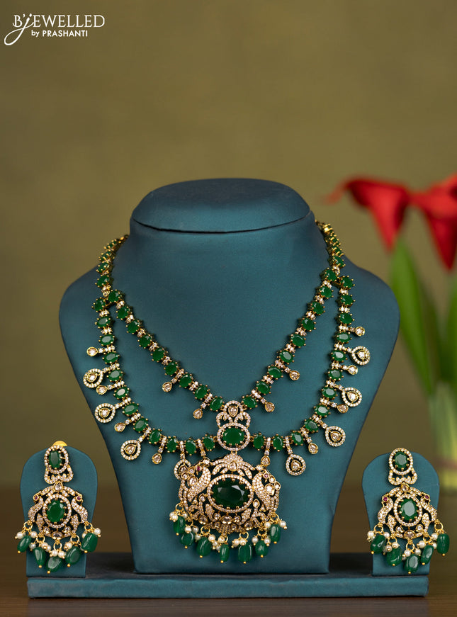 Necklace double layer with emerald & cz stones and green beads hangings in victorian finish