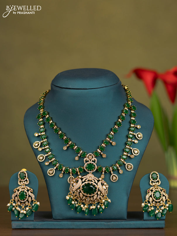 Necklace double layer with emerald & cz stones and green beads hangings in victorian finish