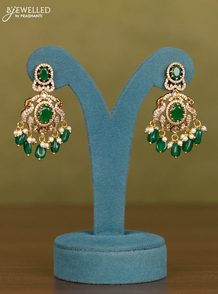 Necklace double layer with emerald & cz stones and green beads hangings in victorian finish