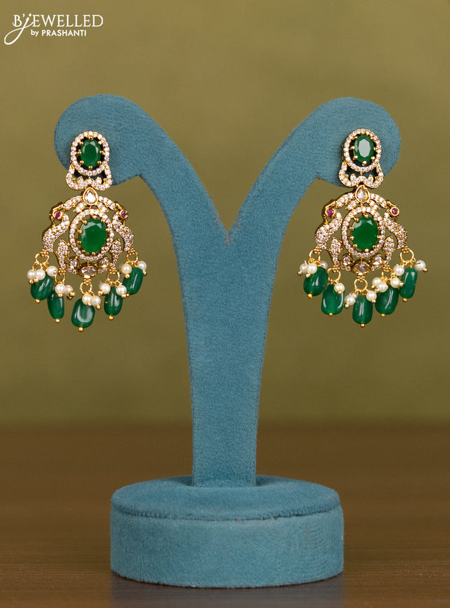Necklace double layer with emerald & cz stones and green beads hangings in victorian finish