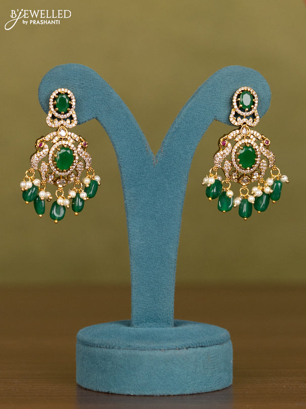 Necklace double layer with emerald & cz stones and green beads hangings in victorian finish