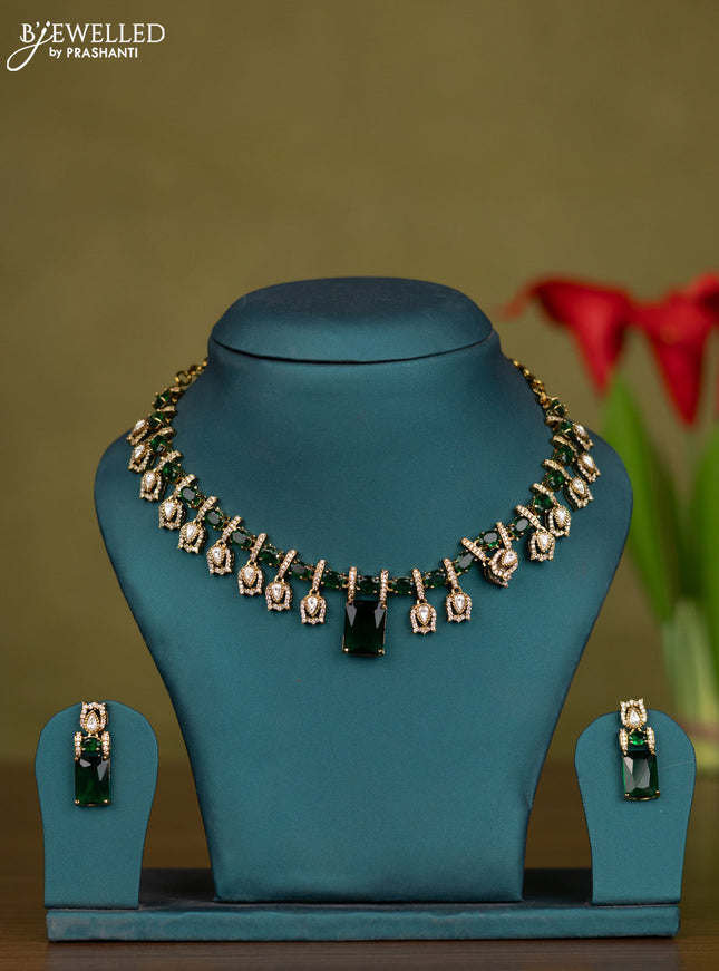 Necklace with emerald & kundan and cz stones in victorian finish