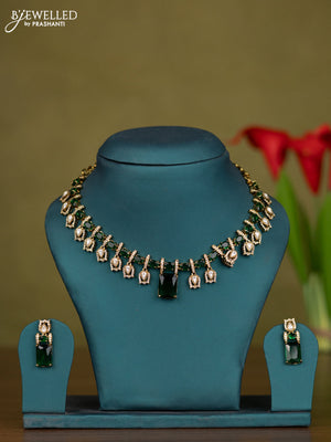 Necklace with emerald & kundan and cz stones in victorian finish