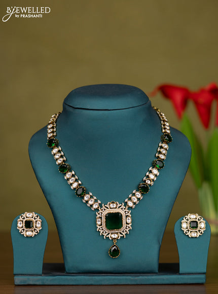 Necklace with emerald & kundan and cz stones in victorian finish