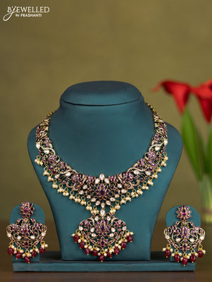 Necklace with ruby & kundan stones and pearl & pink beads hangings in victorian finish