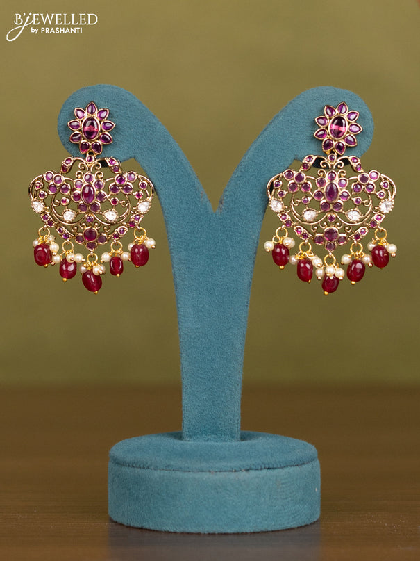 Necklace with ruby & kundan stones and pearl & pink beads hangings in victorian finish