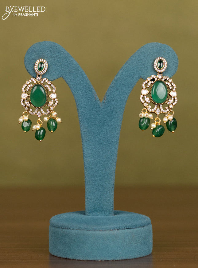 Necklace with emerald & kundan cz stones and pearl & green beads hangings in victorian finish