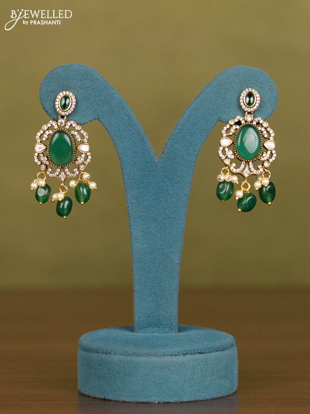 Necklace with emerald & kundan cz stones and pearl & green beads hangings in victorian finish