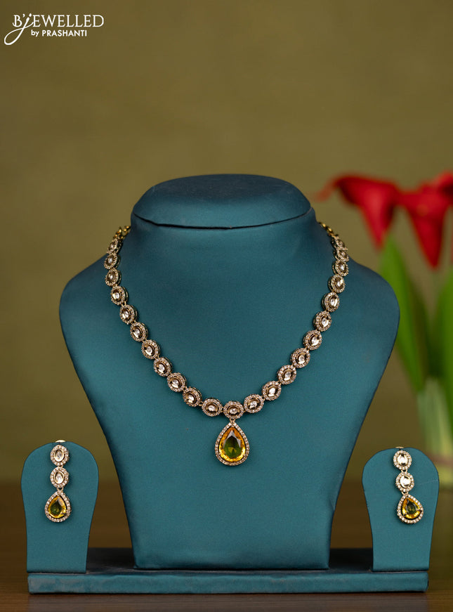 Necklace with yellow & kundan and cz stones in victorian finish
