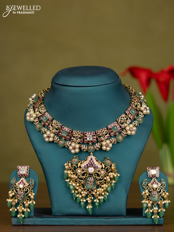 Necklace with mint green & kundan cz stones and pearl & green beads hangings in victorian finish