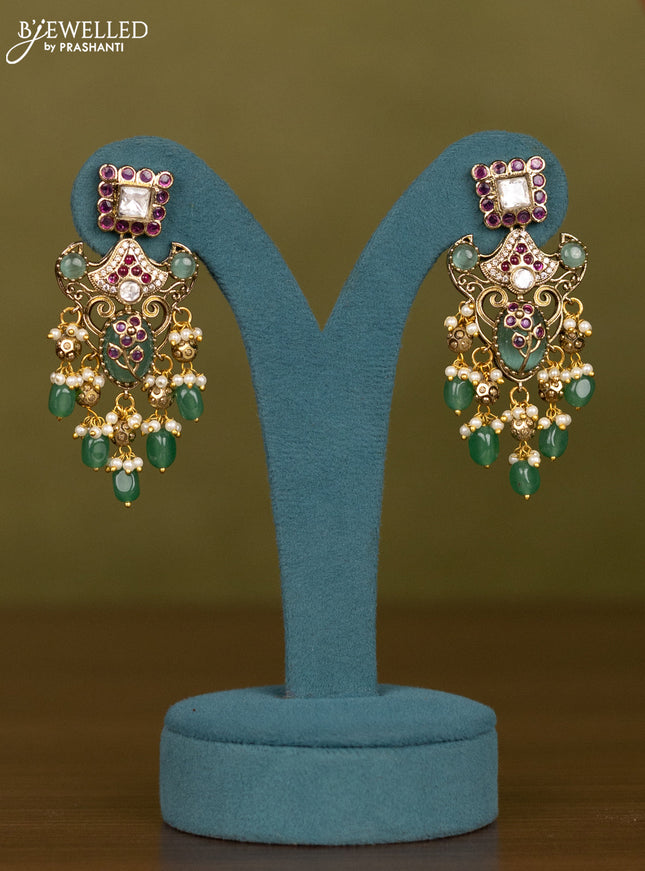 Necklace with mint green & kundan cz stones and pearl & green beads hangings in victorian finish