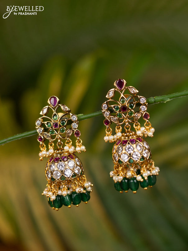 Antique jhumka with kemp & kundan stones and pearl and green beads hangings