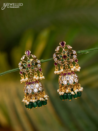 Antique jhumka with kemp & kundan stones and pearl and green beads hangings
