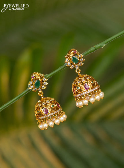 Antique jhumka with kemp & cz stones and pearl hangings