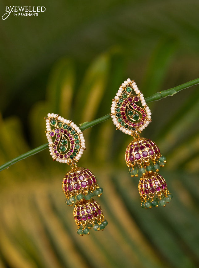 Antique double layer jhumka with kemp stones and mint green beads hangings