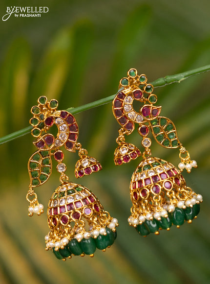Antique jhumka peacock design with kemp & cz stones and pearl & green beads hangings