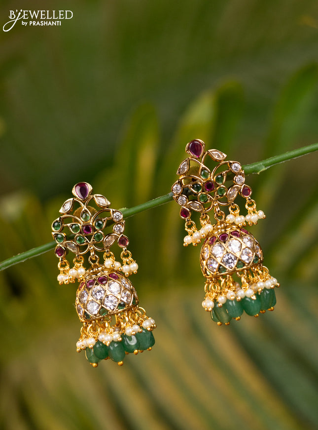 Antique jhumka with kemp & cz stones and pearl & green beads hangings