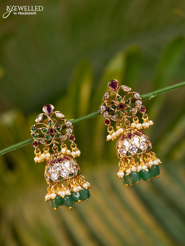 Antique jhumka with kemp & cz stones and pearl & green beads hangings