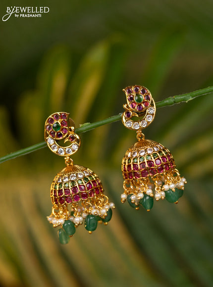 Antique jhumka peacock design with kemp & cz stones and pearl & green beads hangings