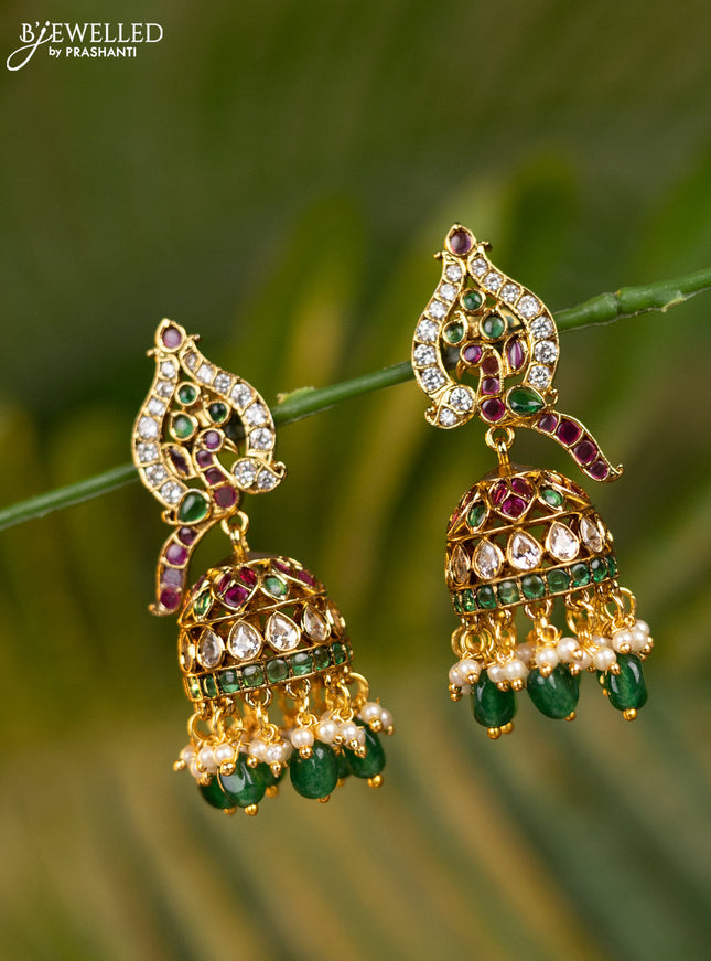 Antique jhumka peacock design with kemp & cz stones and pearl & green beads hangings