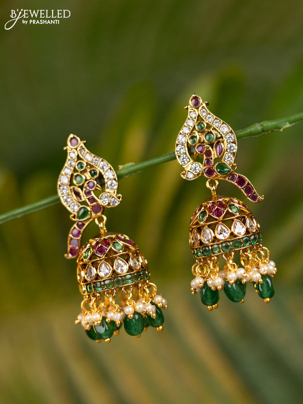 Antique jhumka peacock design with kemp & cz stones and pearl & green beads hangings