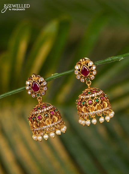 Antique jhumka with kemp & cz stones and pearl hangings
