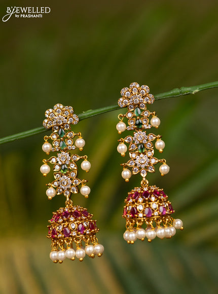 Antique jhumka with kemp & cz stones and pearl hangings