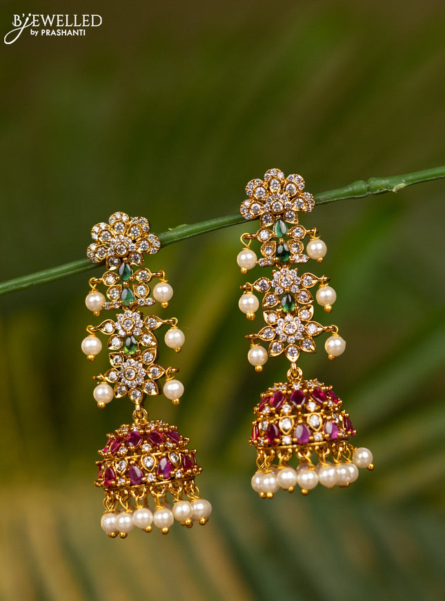 Antique jhumka with kemp & cz stones and pearl hangings