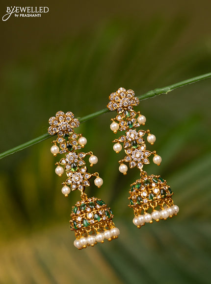 Antique jhumka with emerald & cz stones and pearl hangings