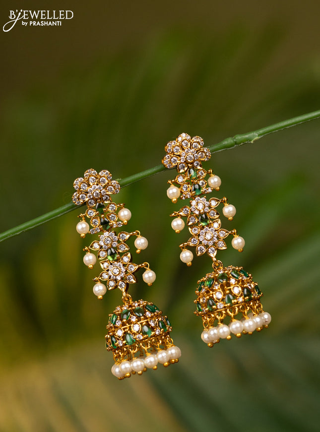 Antique jhumka with emerald & cz stones and pearl hangings