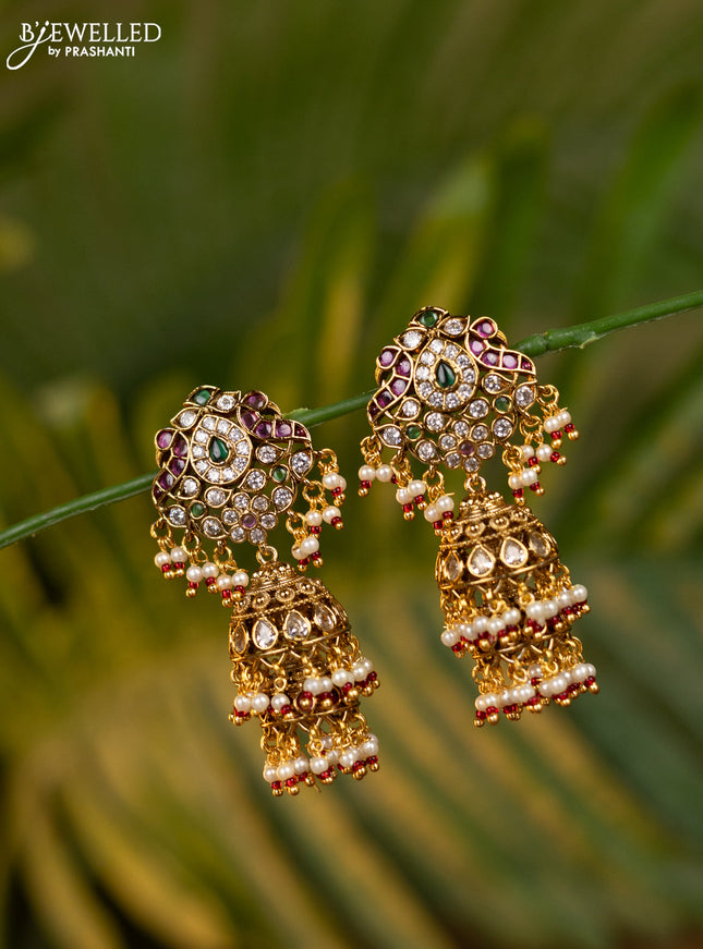 Antique double layer jhumka with kemp & kundan stones and pearl hangings