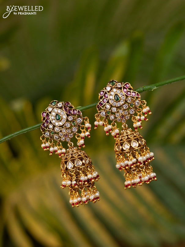 Antique double layer jhumka with kemp & kundan stones and pearl hangings