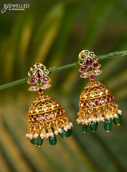 Antique jhumka with kemp & cz stones and pearl & green beads hangings