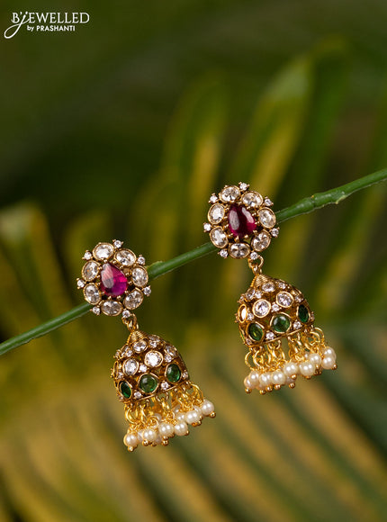 Antique jhumka with kemp & cz stones and pearl hangings