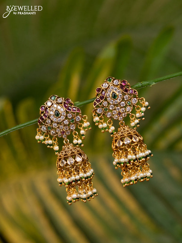 Antique double layer jhumka with kemp & kundan stones and pearl hangings