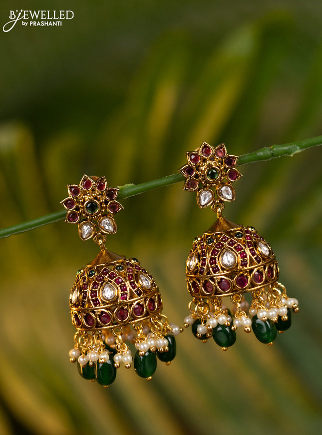 Antique jhumka floral design with kemp & kundan stones and pearl & green beads hangings