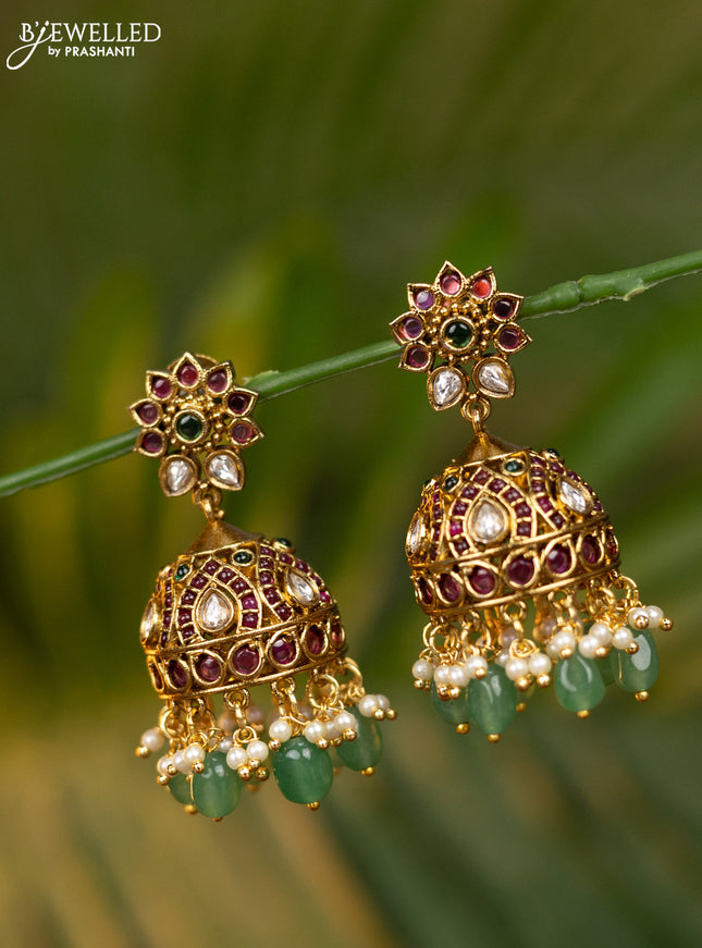 Antique jhumka floral design with kemp & kundan stones and pearl & mint green beads hangings