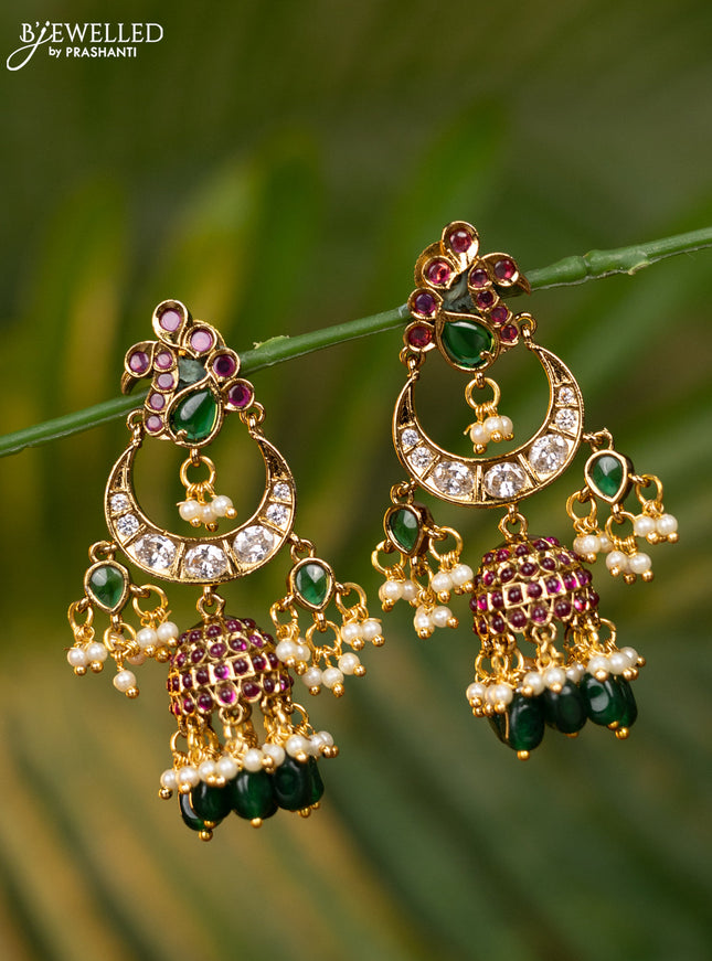 Antique jhumka peacock & chandbali design with kemp & cz stones and pearl & green beads hangings