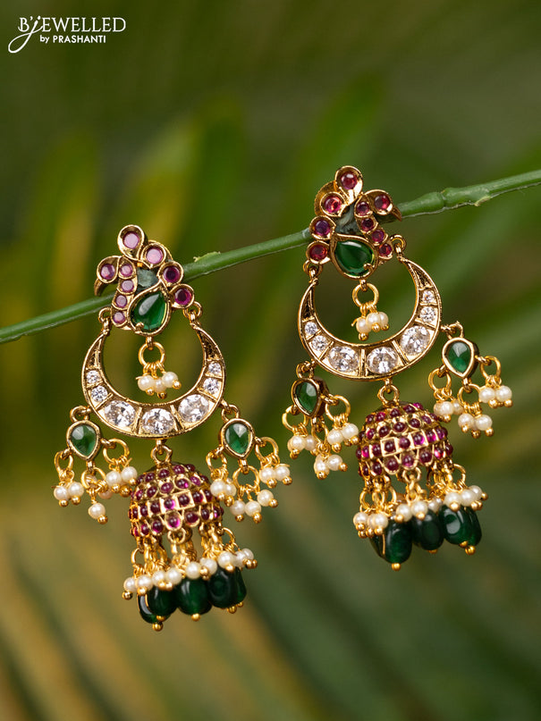 Antique jhumka peacock & chandbali design with kemp & cz stones and pearl & green beads hangings