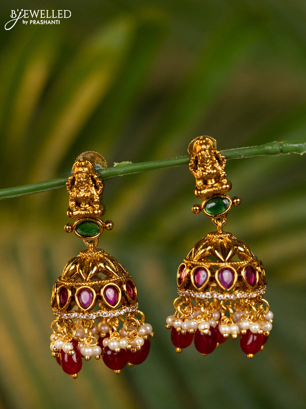 Antique jhumka lakshmi design with kemp & cz stones and pearl & pink beads hangings