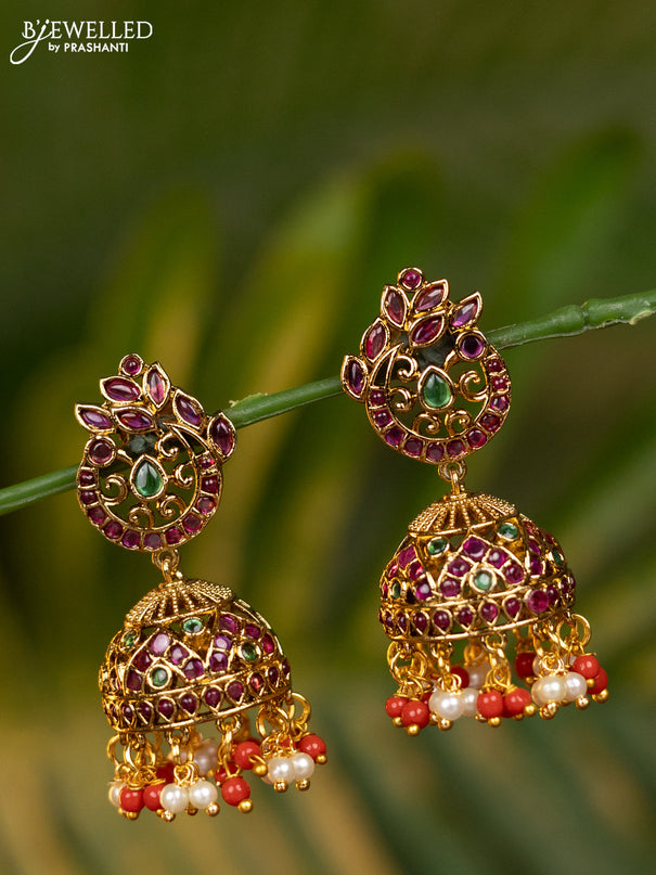 Antique jhumka peacock design with kemp stones and pearl & red beads hangings