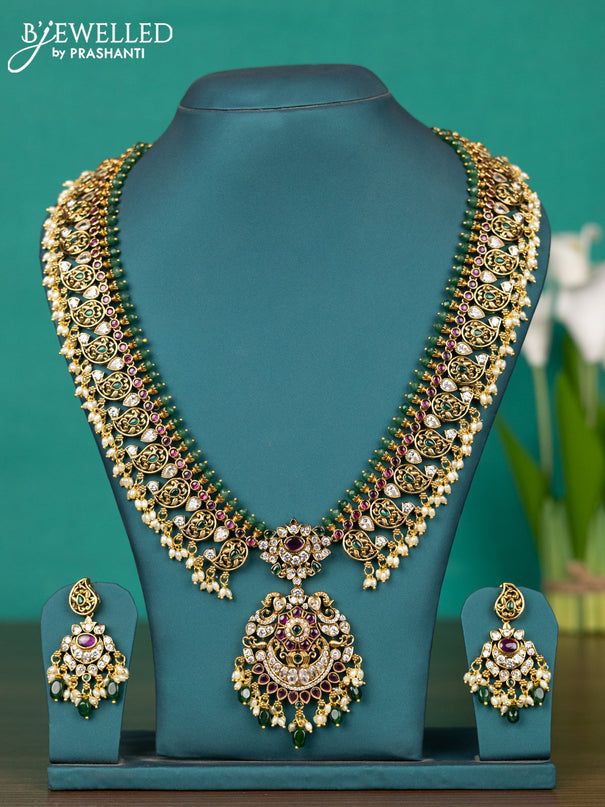 Antique guttapusalu haaram manga pattern with kemp & kundan stones and pearl & green beads hangings