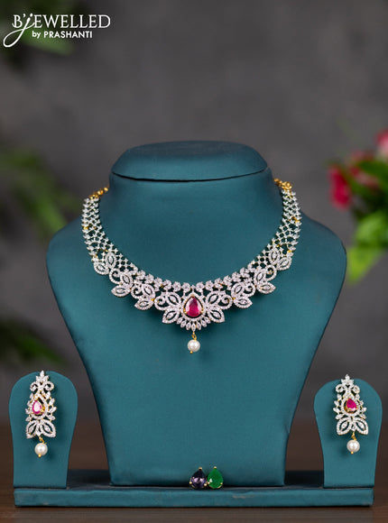 Zircon necklace with multicolour & cz stones and pearl hanging in gold finish